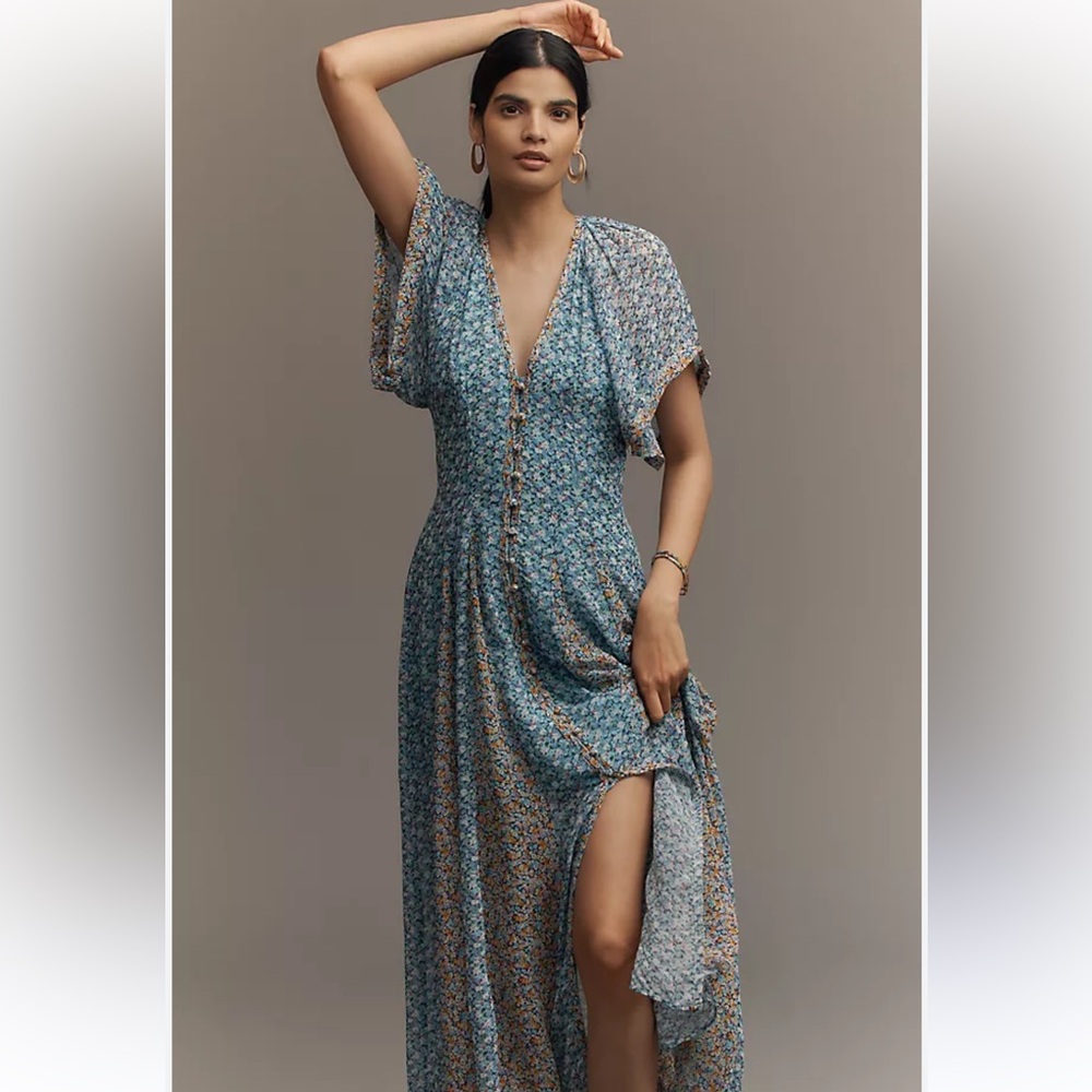 Anthropologie Maeve Floral Blue V-Neck Button-Front Maxi Dress - Picture 2 of 4
